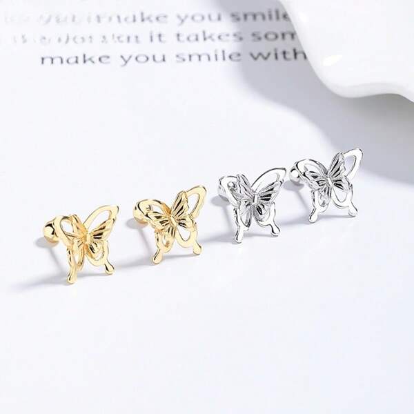 1 Pair 925 Sterling Silver Butterfly Stud Earrings