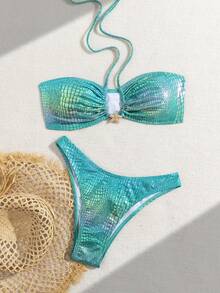 Fashionable New Glossy Fabric Pattern Sexy Bikini Women's 2 Pieces Set, With Cute Star Accessories, Personalized Beach Party Swimwear - Leaf Green - View 2