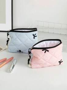 1 Piece Cute Ruffled Square Coin Purse With Bow Pattern Mini Lipstick Organizer Bag With Detachable Bow Pendant Portable Cosmetics Bag With Zipper Women's Makeup Storage Bag Soft Fabric Sanitary Napkin Organizer Bag Fashionable Clutch Pouch Wallet Small Items Storage Bag For Key, Earphone, Coin, Lipstick, Lip Oil, Card, Girls'Accessories College Vacation Cruise Summer Holiday Essentials Organizer Bag