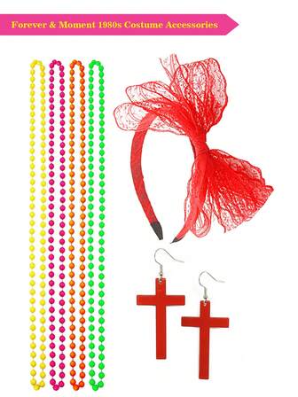 Forever & Moment 6Pcs 1980s Women Fancy Dress Accessories Neon Necklace Cross Earrings Lace Headband Accessories Set Halloween Festival Club Party Dance Performance Decoration Gift