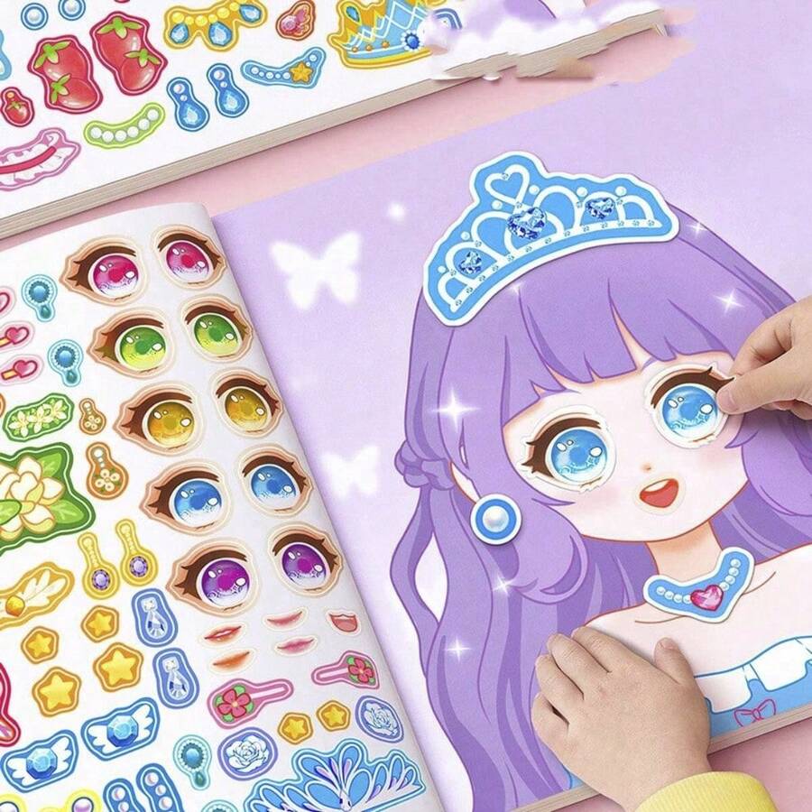 1 PIEZA Libro de pegatinas de vestir de princesa colorido y divertido para manualidades, juguete de disfraz cruzado lindo, libro de maquillaje artesanal hermoso, decoración de fiesta, regalo de Navidad y cumpleaños (12 temas + 3 pegatinas de vestir)