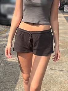 Womens Drawstring Shorts Casual Elastic Low Waist Solid Color Lounge Shorts Going Out Pants Minimalist Sporty - 黑色 - 查看 4