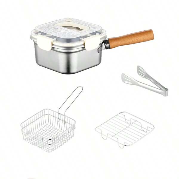 Juego de 4 piezas de freidora de acero inoxidable para acampar, caja multiusos de conservación fresca, con parrilla de vapor, pinzas para alimentos, cesta de freír, mini freidora profunda portátil multifunción para exteriores