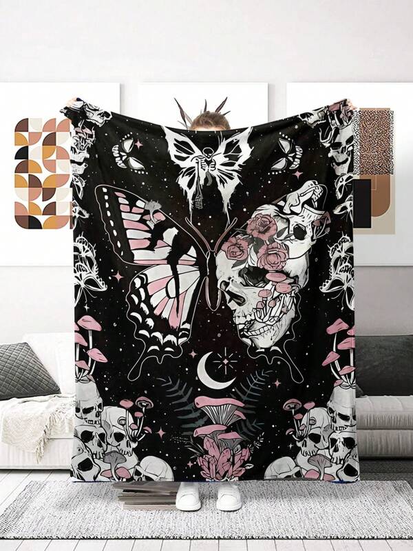 Manta de franela con calavera de Halloween - Suave, cálida y versátil, adecuada para todas las estaciones - Perfecta para dormitorio, oficina, camping y ocio al aire libre