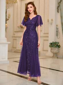 亮片蕾丝心形领口荷叶袖晚宴长裙，适合返校节、婚礼宾客、生日、正式场合、毕业典礼、情人节等春季场合。 - 紫色 - 查看 10