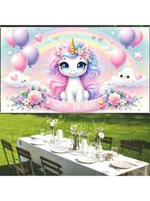 1pc Charming & Attractive Pink Unicorn Birthday Backdrop, Made Of Polyester Fiber, No Power Needed, Suitable For Outdoor Celebration & Magic Decoration