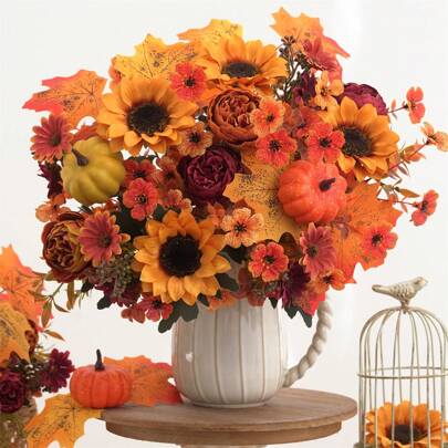 1/9PCS Lifelike Fall Artificial Peony Sunflower Daisy Fake Flowers, With Maple Leaves, Pumpkins, Faux Vibrant Plastic Floral Arrangements For Centerpiece & Wedding Bouquet, Lndoor Home Vase Outdoor Garden Decor, Halloween, Thanksgiving, Seasonal Decor