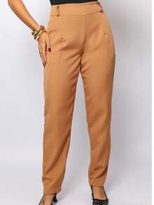 Women's Tailored Trousers, Straight, Side Zipper, High Waist - Màu Khaki - Xem 3