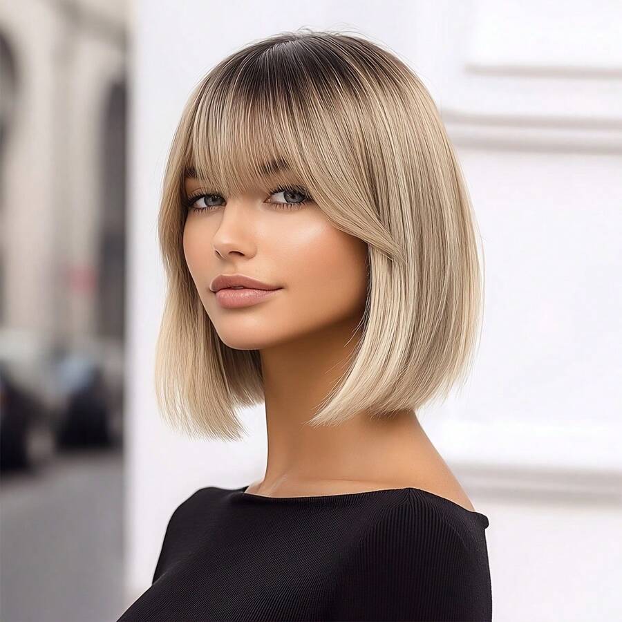 Peruka syntetyczna, krótka, prosta, 30,48 cm, z grzywką, w stylu bob w kolorze złotym – żywy kolor, lekka i modna, odpowiednia do cosplayu, codziennego noszenia i na imprezy - Ombre blond - Zobacz 1