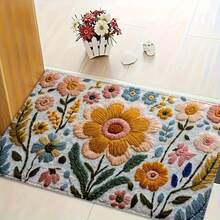 1pc Colorful Floral Pattern Super Soft Microfiber Bath Mat, Non-Slip, Absorbent, Machine Washable, Low Pile, TPR Backing, Knitted Fabric, Suitable For Bathroom, Bedroom, Kitchen, Entryway, Indoor & Outdoor, Ideal Bathroom Accessory, Decoration, And Housewarming Gift