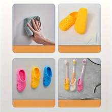 2 mini chinelos coloridos e porta-escovas de dentes - montados na parede, sem necessidade de furação, organizador de banheiro de plástico durável, com design divertido, adequado para decoração de cozinha e banheiro