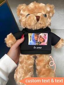 1pc Teddy Bear Figurine, With Customized Text + Image, Funny Gifts, Doll Clothes, Bedroom Decor, Christmas Gifts, Birthday Decorations, Personalized Gifts, Suitable For College Dormitory Decoration, Halloween Decoration, Home Decoration, Wedding Decoration, Car Decoration, Baptism, Christmas Decoration, Gifts For Women