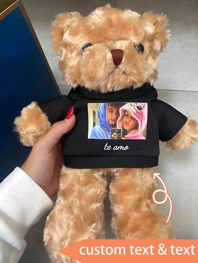 1pc Teddy Bear Figurine, With Customized Text + Image, Funny Gifts, Doll Clothes, Bedroom Decor, Christmas Gifts, Birthday Decorations, Personalized Gifts, Suitable For College Dormitory Decoration, Halloween Decoration, Home Decoration, Wedding Decoration, Car Decoration, Baptism, Christmas Decoration, Gifts For Women,Office Decor,Elegant Living
