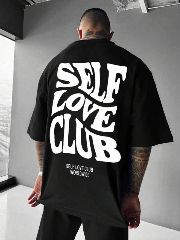 Men's Slogan T-Shirt, "SELF LOVE CLUB" Graphic Design, Fashionable Casual Everyday Wear, Suitable For Graphic Tee Enthusiasts
