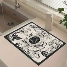 多功能花卉图案硅藻土材质杯垫 - 柔软、防滑、超强吸水 | 适用于咖啡机、宠物和台面装饰 - 黑與白 - 查看 6