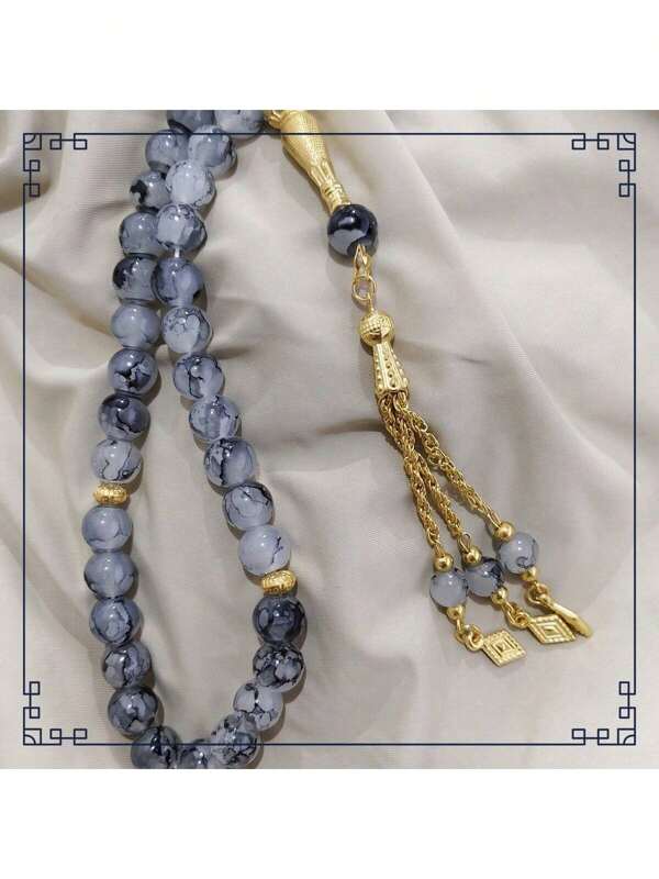 1 pieza 33 piezas Cuentas de rosario de piedra natural, cuentas de oración Tasbih de teñido anudado negro