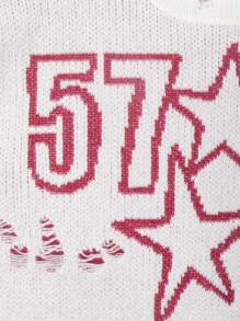 男士休闲宽松针织毛衣，星星和数字嵌花图案，做旧设计，圆领，落肩，长袖，秋冬 - 杏色 - 查看 5