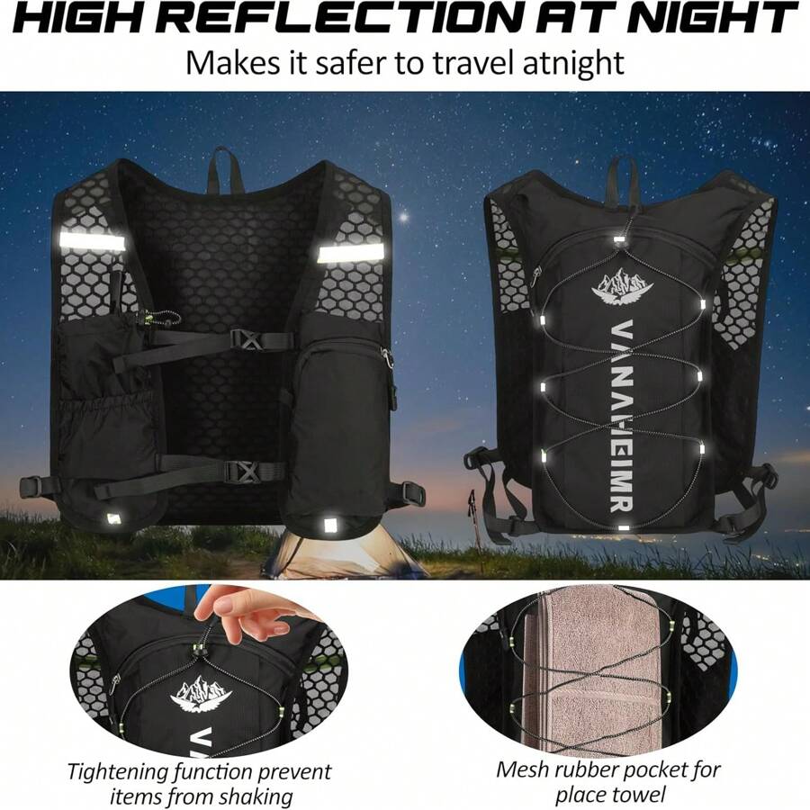 1 件男女款跑步背心轻便补水背包（仅背包，无水袋），骆驼水袋背心水力背包，适合徒步旅行、越野、滑雪、露营、骑自行车、比赛、马拉松（仅背包） - 黑色 - 查看 1