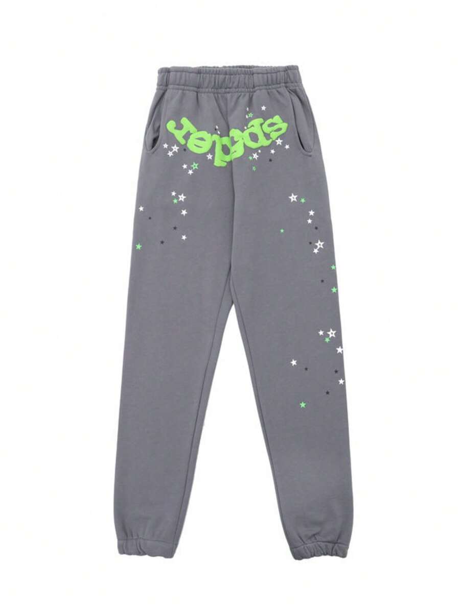 Men's Hip Hop Letter Printed Harajuku Retro Hoodie Long Sleeve Pants Set Joint Set For Men And Women 2PC - Grey Pants - View 1