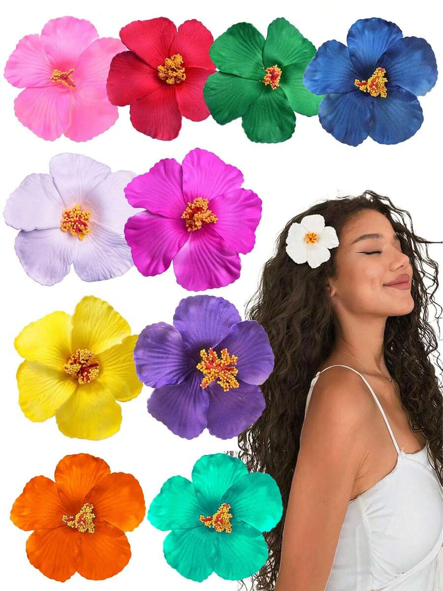 10pcs Hawaiian Flower Hair Clips, Women's Hibiscus & Lotus Flower Hair Clips, Artificial Flower Hair Clips, Suitable For Vacation, Beach, Party, Bohemian Style Fabric Hair Clips Set, Elegant Solid Color Flower Hair Clips, Lotus Flower Hair Accessories, Hair Claws, Hair Clips, Head Accessories, Hairpin - Multicolor - View 1