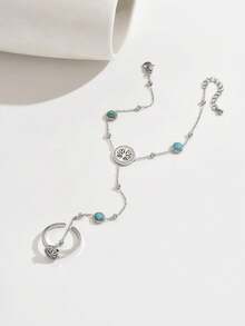 1 件时尚生命树绿松石不锈钢全指环手链，适合女士，宫廷风格高端品质庆祝派对优雅珠宝 - 金黃色 - 查看 8