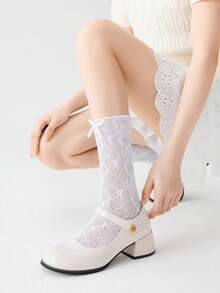 1 Đôi tất chân ren nơ xếp nếp cho nữ, phong cách ba lê, tất cao đến đầu gối ren lưới siêu mỏng, thoáng khí cho mùa hè - Nhiều màu - Xem 4