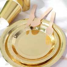 50/100个7英寸和9英寸金箔边纸盘，一次性白色纸盘，适用于生日、婚礼、圣诞节、新年、新娘送礼会派对用品装饰 - 金色 - 查看 4