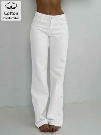 Women's White Straight Leg Denim Jeans – Slim Fit Casual Versatile Style