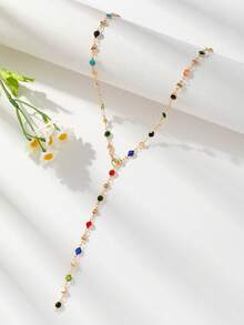 1pc Random Color Colorful Bohemian Style Long Glass Bead Necklace, Accessory For Party, Meeting, Dating, Decoration, Plunging Neckline Sweater Chain - Yellow Gold - View 2