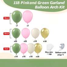 118件粉色和绿色气球拱门套装 - 包含各种尺寸的灰色、绿色、粉色、白色、金色气球，适合女孩迎婴派对、婚礼、生日、丛林主题派对装饰 - 彩色 - 查看 2