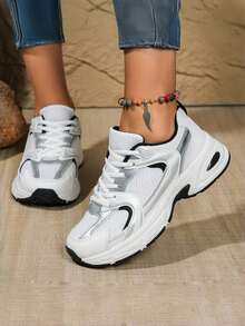 Giày thể thao thường ngày cỡ lớn mọi mùa, giày đế xuồng đế dày, giày thể thao chunky, da và lưới vá, thoáng khí, đa năng, giày cặp đôi thời trang, giày chạy bộ thể thao ngoài trời - màu đen - Xem 7