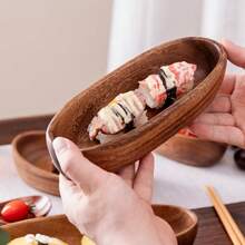 Japanese Sushi Tray Set: Walnut Wood Boat-Shaped Napkin Mat, Tea Towel Holder, Wood Bowl Plates, Salad Bowl, Hotel Supplies - Brown - View 7