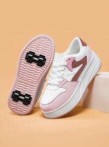 1 Pair New Kids Shoes, Transformable Detachable 4-Wheel Black & White Lace-Up Round Toe Low-Top Colorblock Children Roller Skate Shoes, Versatile For Indoor And Outdoor Wear, All Seasons