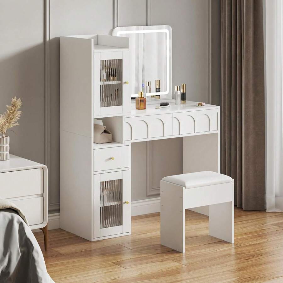 Dressing Table With Mirror And Stool, Modern Vanity Set, 3 Drawers And 2 Large Storage Cabinets, Bedroom Makeup Desk For Women Girls