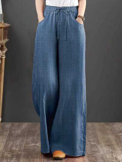 1pc Solid Color Woven Fabric Drawstring Pocket Women's Pants, Suitable For Dates, Holidays, Daily Wear, Birthday Parties, Singles' Parties, School Parties, Lightweight, Denim-Like Color