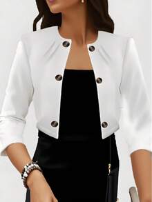 2025 秋冬女士纯色百搭领口荷叶边袖扣短款夹克外套 - 白色 - 查看 4
