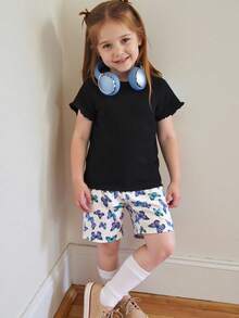 3pcs/Set Young Girls Butterfly Print Solid Color Short Sleeve Shorts Casual Outfits - Black - View 7