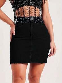 女式纯色弹力紧身牛仔迷你裙 - 性感牛仔裙，百搭日常穿着，适合所有季节 - 黑色 - 查看 2