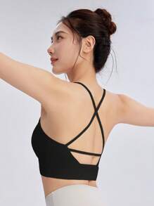 Women's Solid Color Back Cross Strap Vest-Style Sports Bra, Suitable For All Seasons, Ideal For Fitness And Pilates Workouts, With High Elasticity And Support.