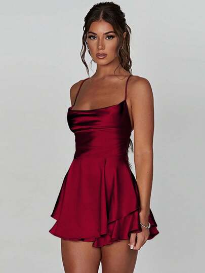 1pc Sexy Satin Backless Tie Strap Pleated Dress, Suitable For Bar, Party, Home, Elegant European & American Cross-Border Hot Selling Item