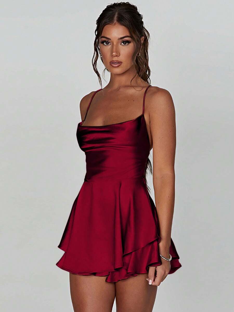 1pc Sexy Satin Backless Tie Strap Pleated Dress, Suitable For Bar, Party, Home, Elegant European & American Cross-Border Hot Selling Item - Cherry Red - View 1