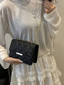 Fashion Solid Color & Printed Wide Strap Hard Handbag & Shoulder Bag, Women New Year Edition - Black - View 6