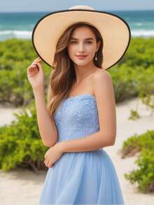 优雅波西米亚风格的女士一体式卡其色/米色草编太阳帽，适合夏季海滩，易于折叠，方便存放，非常适合复活节和户外场景 - 咖啡棕 - 查看 6