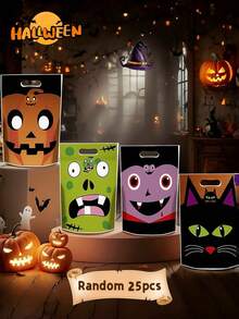 25pcs/5pcs Halloween Party Candy Gift Bags, Pumpkin Skull Ghost Face Horror Packaging Bags, Durable Plastic Tote Bags, Gift Packaging Bags, Party Favor Bags, Skull, Bat, Pumpkin Halloween Packaging (Assorted Styles)