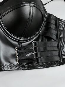 Schwarzes kurzes Bustier-Top aus Kunstleder mit verstellbaren Trägern und Knopfverschluss hinten, sexy Punk-Stil Mieder-Camisole - Schwarz - Übersicht 4