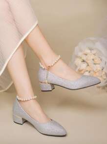 2025 New Women's Faux Pearl Decor Ankle Strap Glitter High Heels, Gold Pointed Toe Chunky Heel Pumps, Suitable For Outdoor Wedding, Party, Work, Palace Style