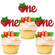 12/24 件 Sweet One 纸杯蛋糕装饰物 闪光草莓纸杯蛋糕签 适用于水果 BB 淋浴 1 岁生日浆果甜纸杯蛋糕装饰派对用品 - 彩色 - 查看 11