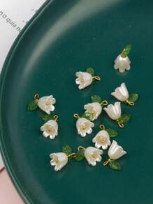 10pcs Pearl, Lily Of The Valley & Plum Flower With 3D Leaf Decorative Beads For Bracelet, Keychain & Pendant DIY Valentines