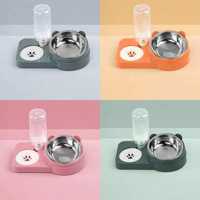 1pc Detachable & Washable Tilted Anti-Spill Anti-Wet Pet Bowl With Bear Ear Design, Large Capacity Dual Bowl With Automatic Water Dispenser, Stainless Steel