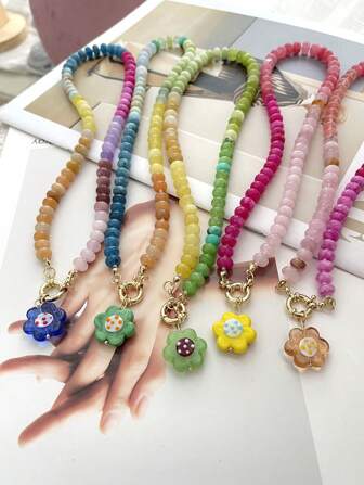 1 件波西米亚风格时尚轻奢优雅玻璃花串珠铜环扣项链，适合女士姐妹情侣珠宝礼物，适合日常约会派对节日礼物夏季海滩度假穿着（由于产品材质的特殊性，实际产品可能与图片略有色差，颜色不均匀）